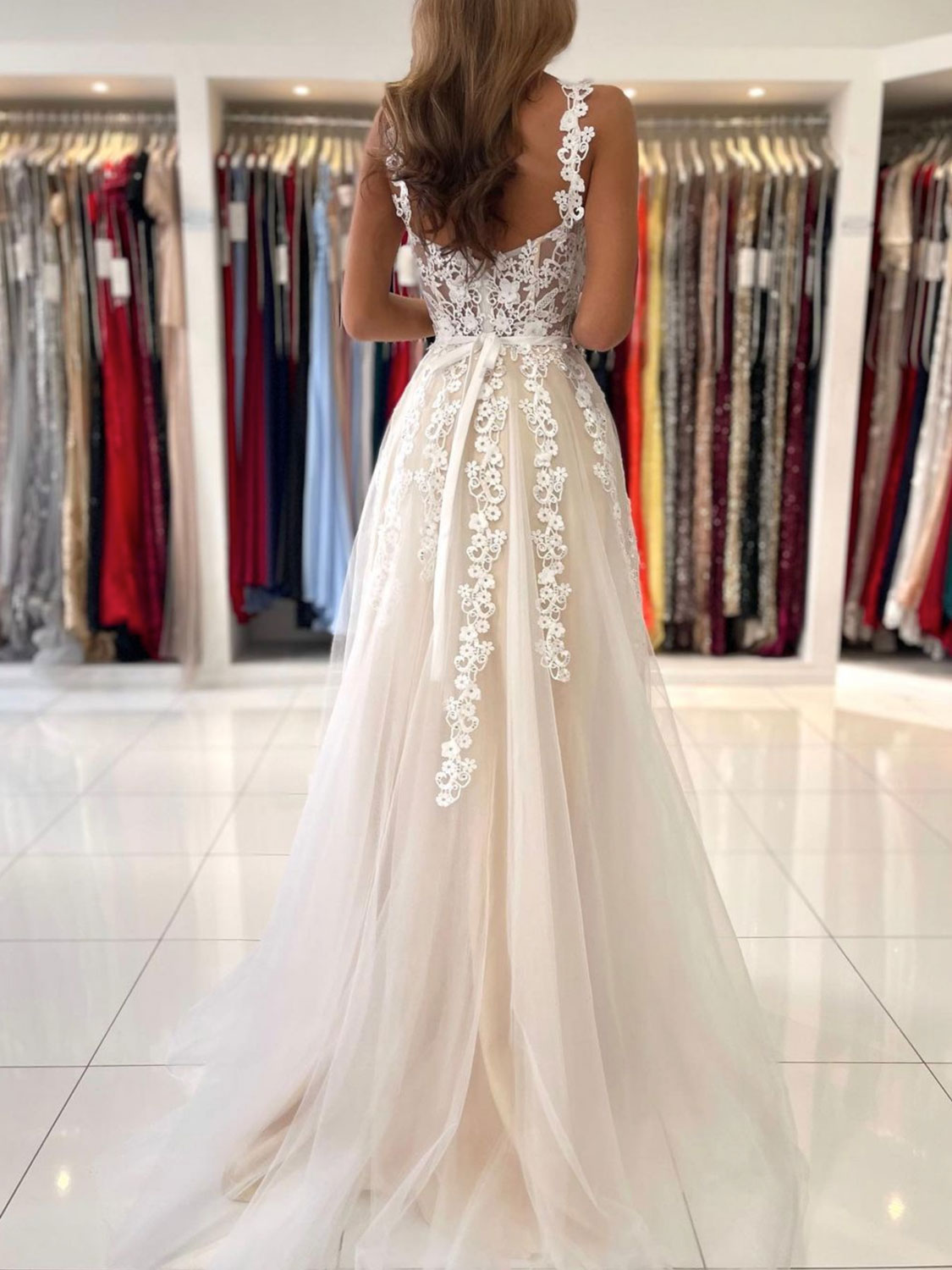 A-Line Sweetheart Neck Tulle Lace Champagne Long Prom Dress
