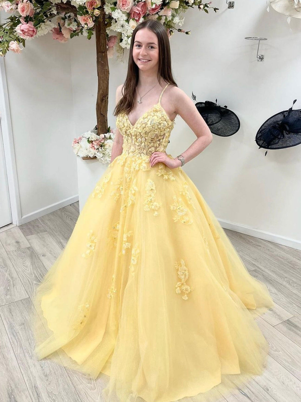 Yellow A line lace long prom dress, yellow formal dress