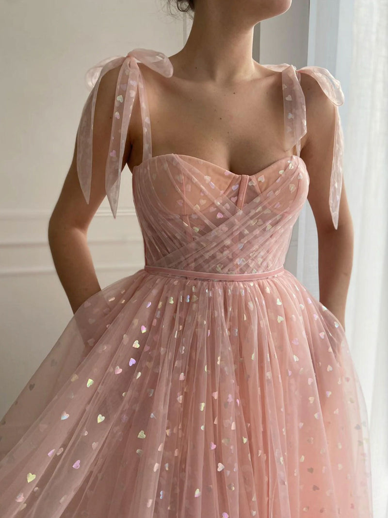 Pink sweetheart neck tulle short prom dress, pink tulle formal dress