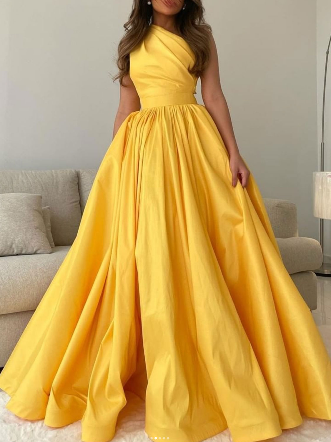 Yellow satin long prom dress yellow one shoulder long evening dress