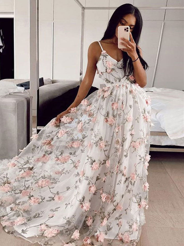 White v neck tulle lace applique long prom dress white formal dress