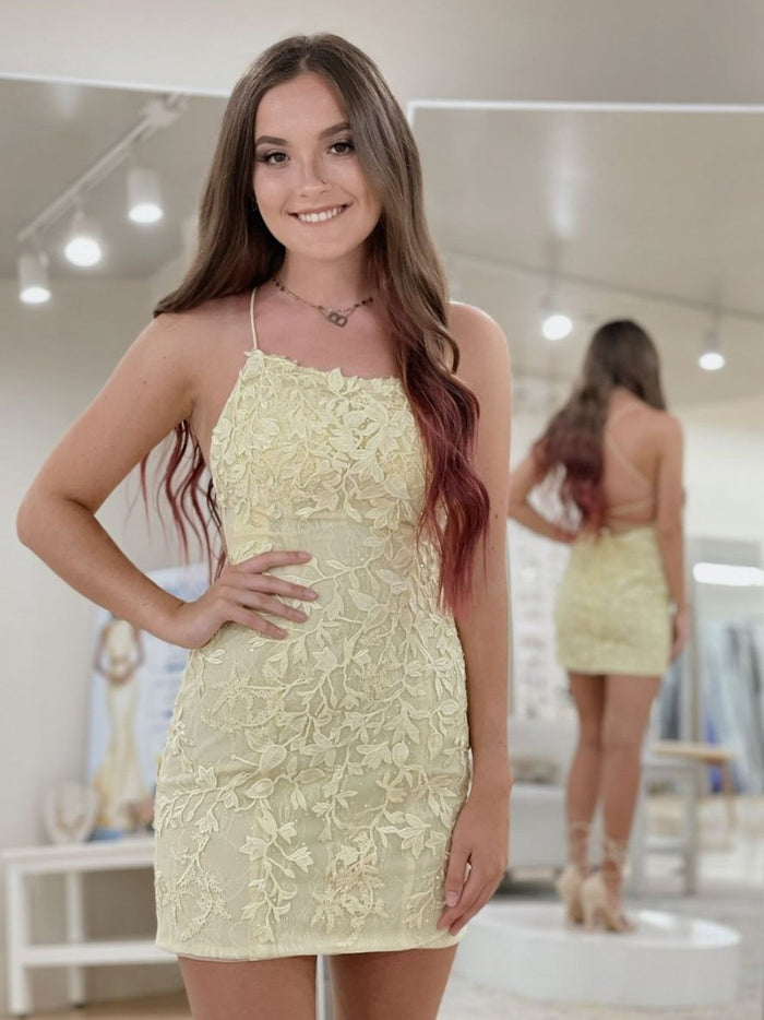 Yellow lace short prom dress, lace yellow homecoming dress