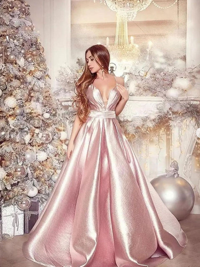 Simple pink v neck satin long prom dress pink evening dress