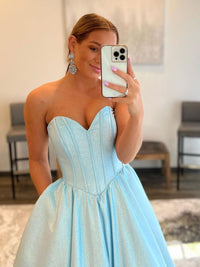 Blue sweetheart neck satin long prom dress, blue evening dress