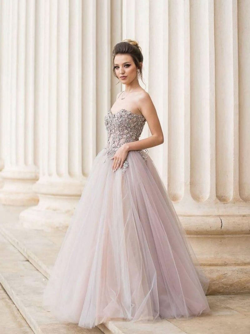 Gray tulle lace long prom dress gray lace evening dress