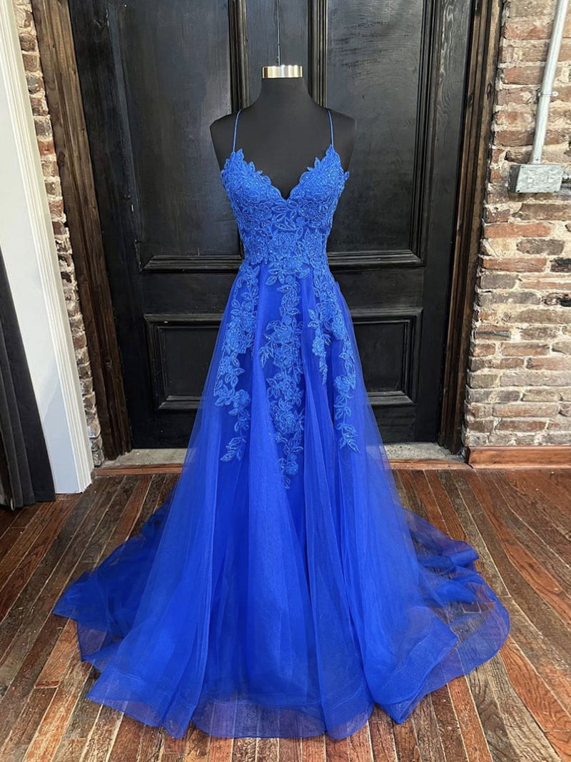 Blue v neck tulle lace long prom dress, blue tulle evening dress