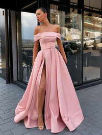 Simple pink off shoulder satin long prom dress, pink evening dress