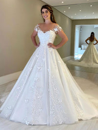White off shoulder tulle lace long bridal dress, lace wedding dress