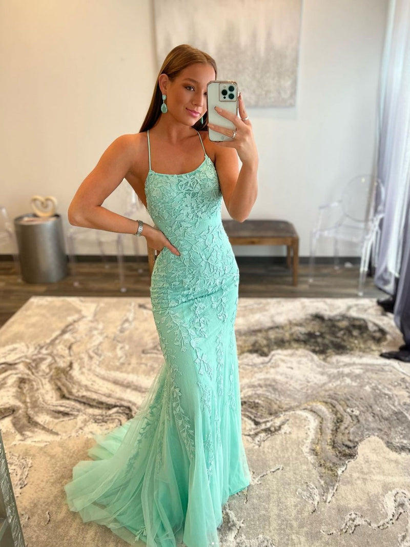 Green tulle lace mermaid long prom dress, green evening dress