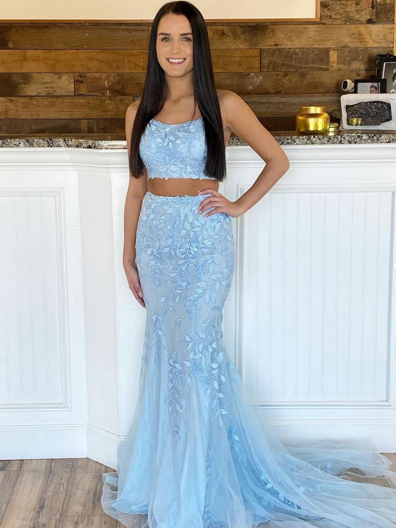 Blue two pieces mermaid lace long prom dress, blue evening dress