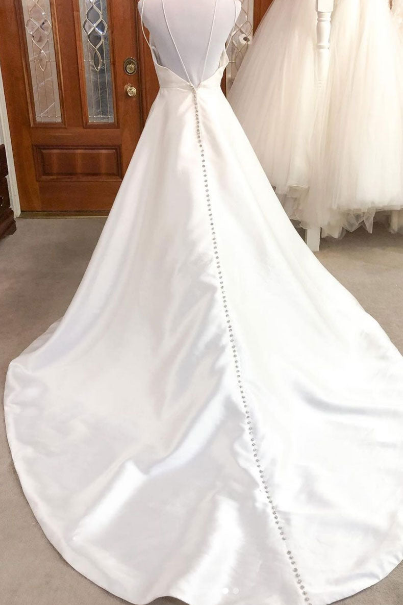 White v neck satin long prom dress white satin wedding gown