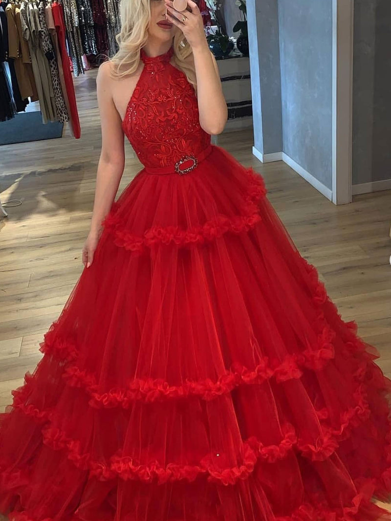 Unique tulle lace long prom dress, Burgundy tulle evening dress