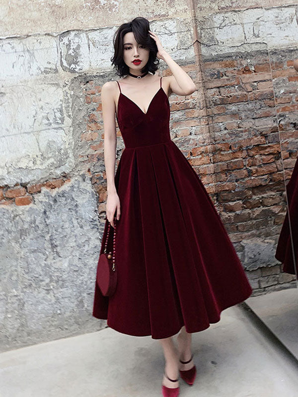 Simple burgundy tea Length prom dress, burgundy bridesmaid dress