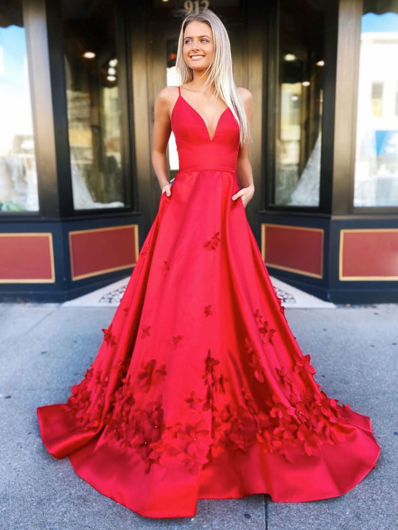 Red v neck satin long prom dress, red long evening dress