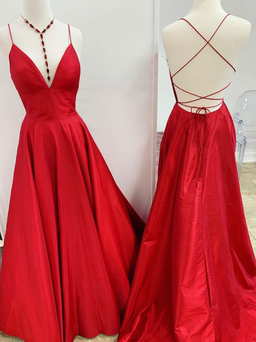 Simple v neck red backless long prom dress red evening dress