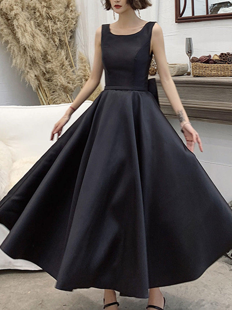 Black satin tea length prom dress black satin evening dress