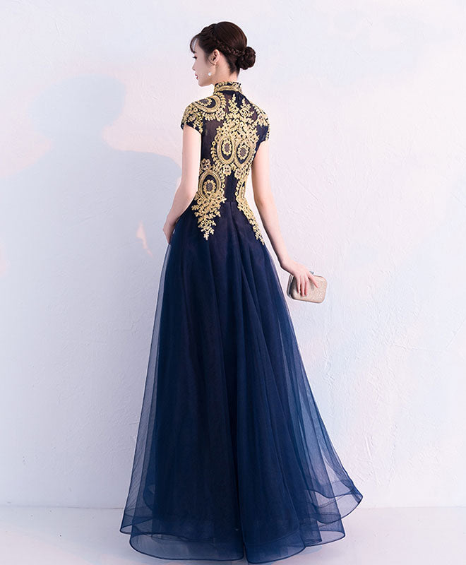 Dark blue lace tulle long prom dress, blue evening dress