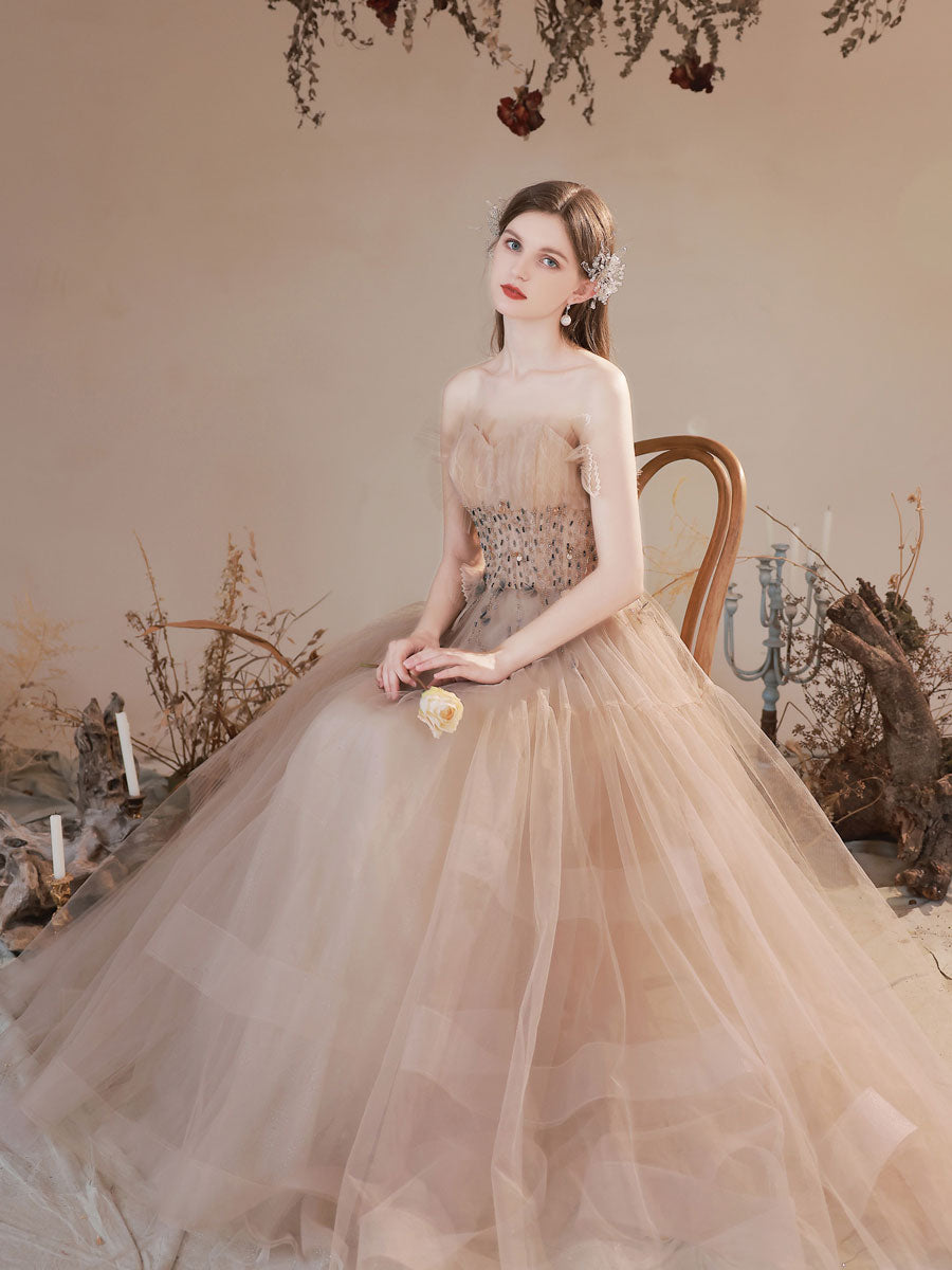 tulle dress champagne Sweetheart Champagne Tulle Tea Length Dress with Gold Sequins Ohmollydress