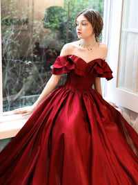 Simple  off shoulder satin long prom dress, burgundy evening dress