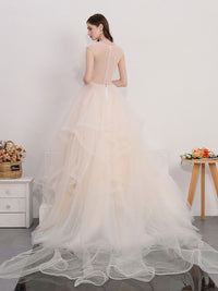 Champagne tulle lace long prom dress, champagne evening dress
