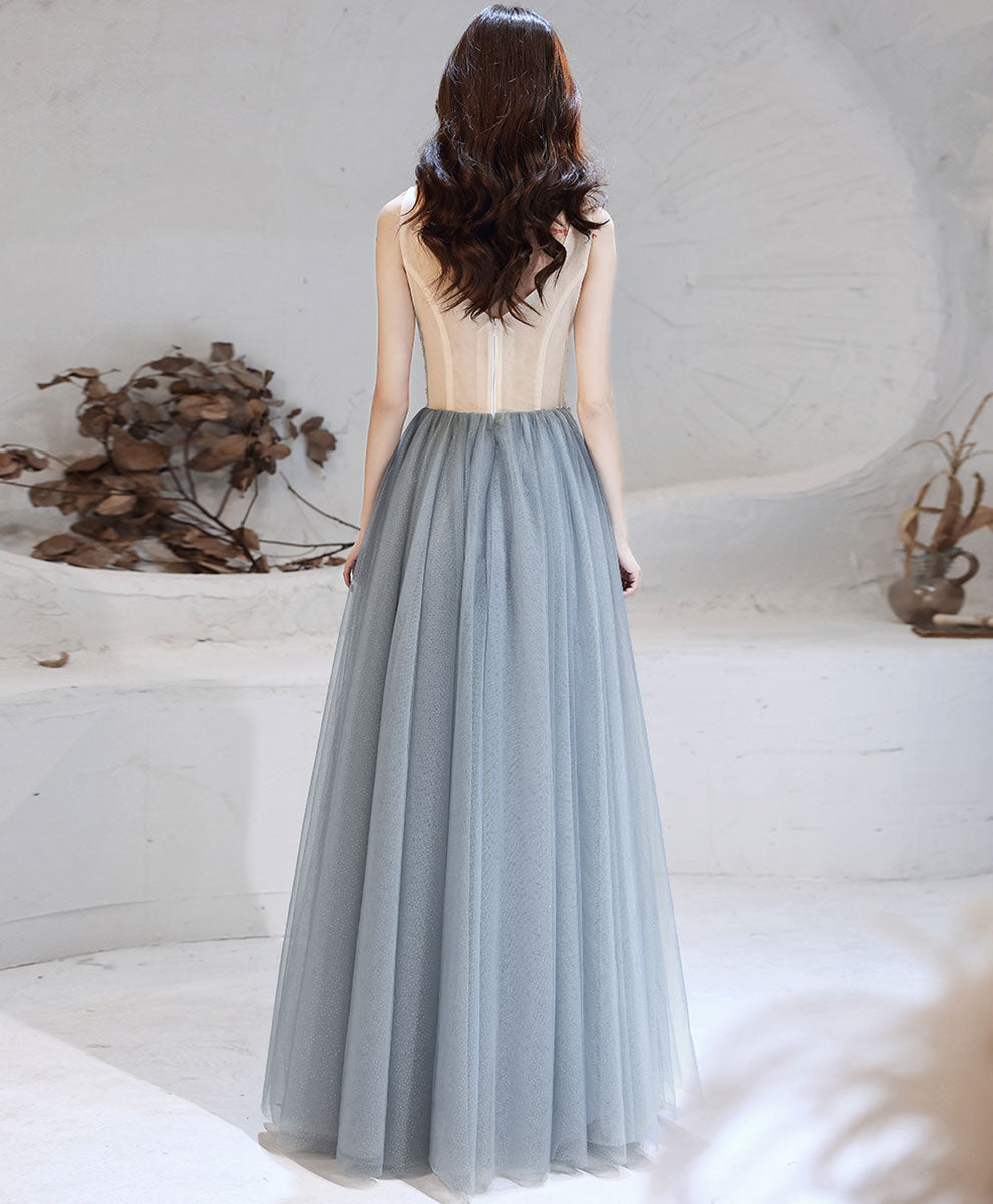 Blue v neck tulle sequin long prom dress blue tulle formal dress