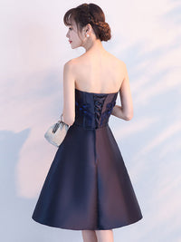 Dark blue lace satin short prom dress, blue cocktail dress