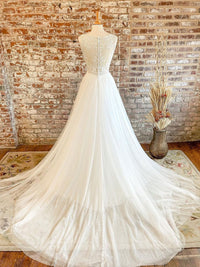 White v neck tulle lace long prom dress, lace tulle wedding dress