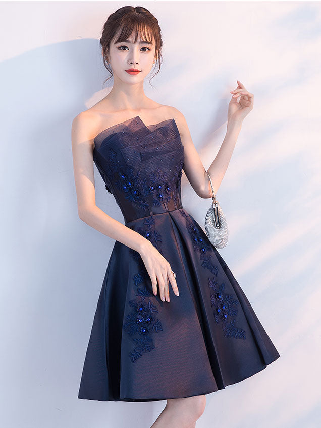 Dark blue lace satin short prom dress, blue cocktail dress