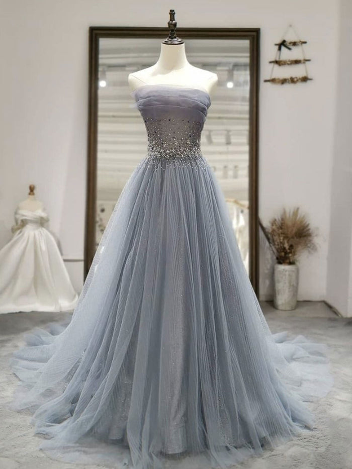 Gray tulle lace long prom dress, gray blue tulle lace evening dress