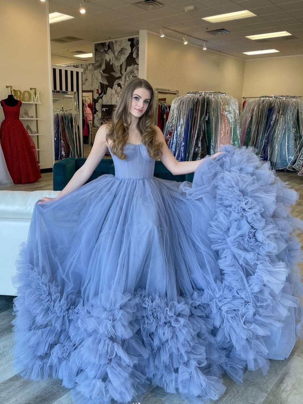 Blue sweetheart neck tulle long prom dress, blue sweet 16 dress toptby Blue sweetheart neck tulle long prom dress, blue sweet 16 dress toptby