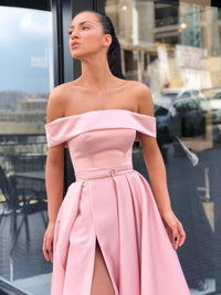 Simple pink off shoulder satin long prom dress, pink evening dress – toptby