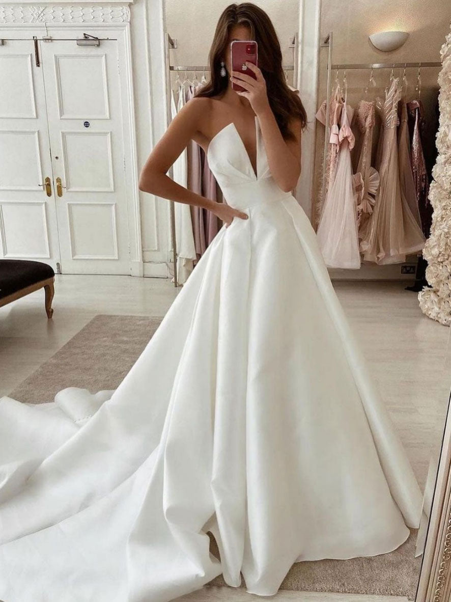 Simple white satin long prom dress, white long evening dress