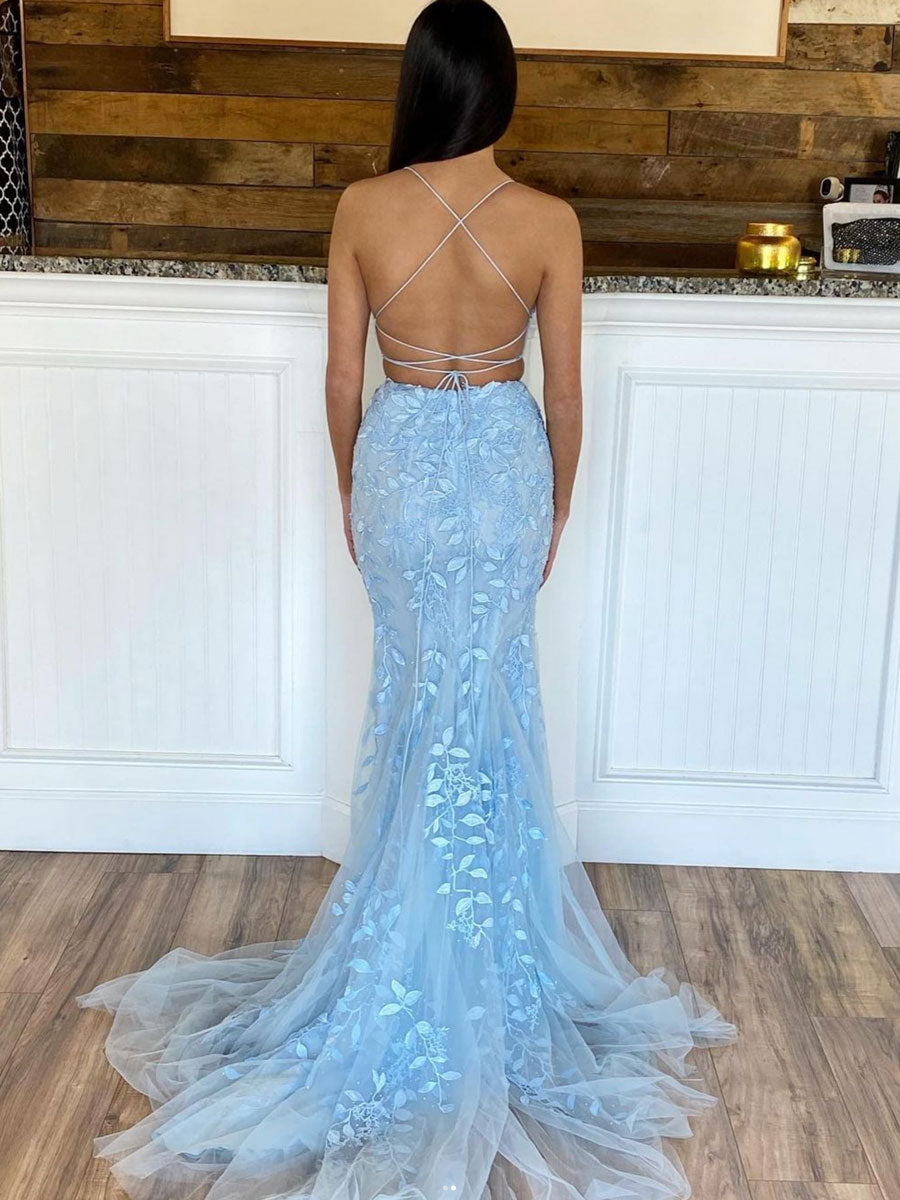 Blue two pieces mermaid lace long prom dress, blue evening dress toptby Blue two pieces mermaid lace long prom dress, blue evening dress toptby