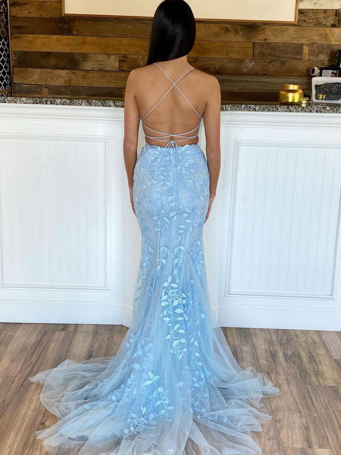 Blue two pieces mermaid lace long prom dress, blue evening dress
