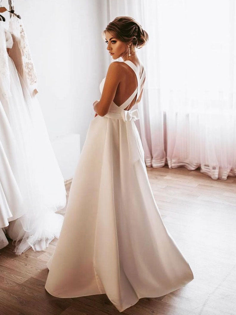Simple White satin long prom dress white backless evening dress