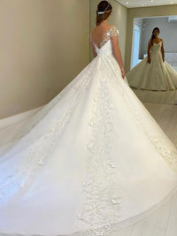 White off shoulder tulle lace long bridal dress, lace wedding dress