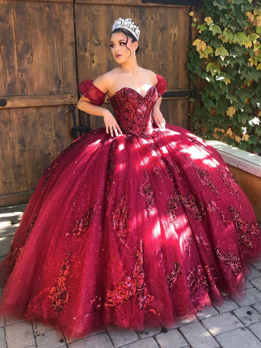 Burgundy off shoulder tulle lace long prom dress sweet 16 dress – toptby