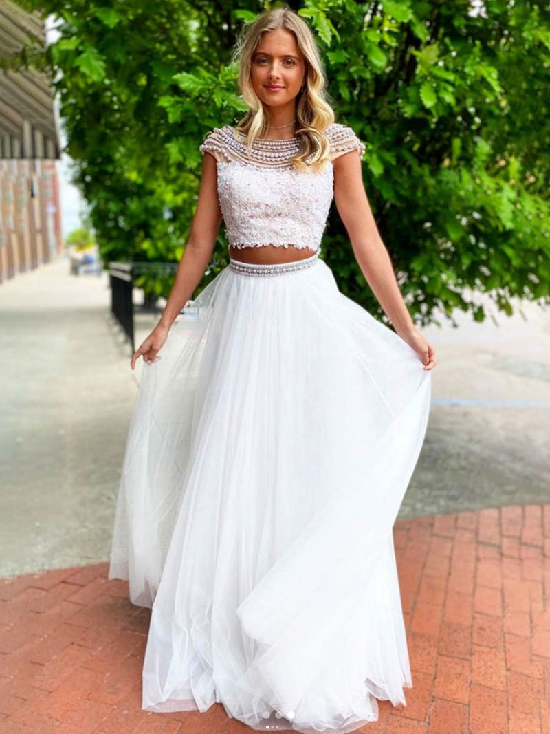 White round neck tulle lace long prom dress, lace evening dress