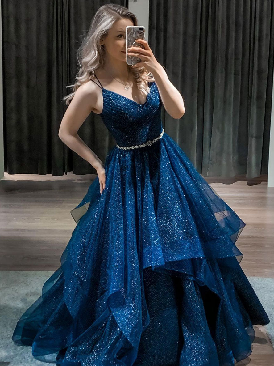 Dark blue tulle sequin long prom dress blue formal dress