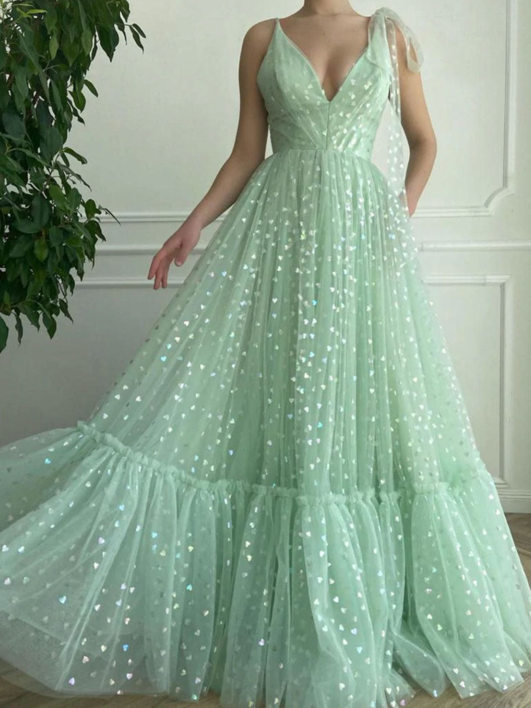 Green v neck tulle A line long prom dress, green evening dress