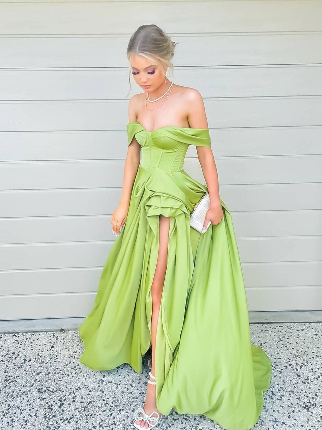 Simple green off shoulder satin long prom dress, green evening dress Simple green off shoulder satin long prom dress, green evening dress