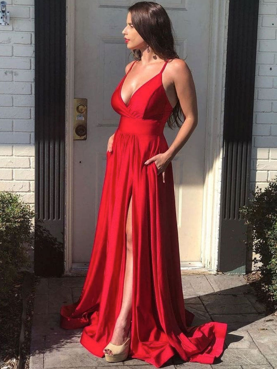 Simple red v neck satin long prom dress red evening dress