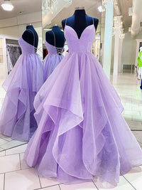 Purple v neck tulle sequin long prom dress, purple evening dress