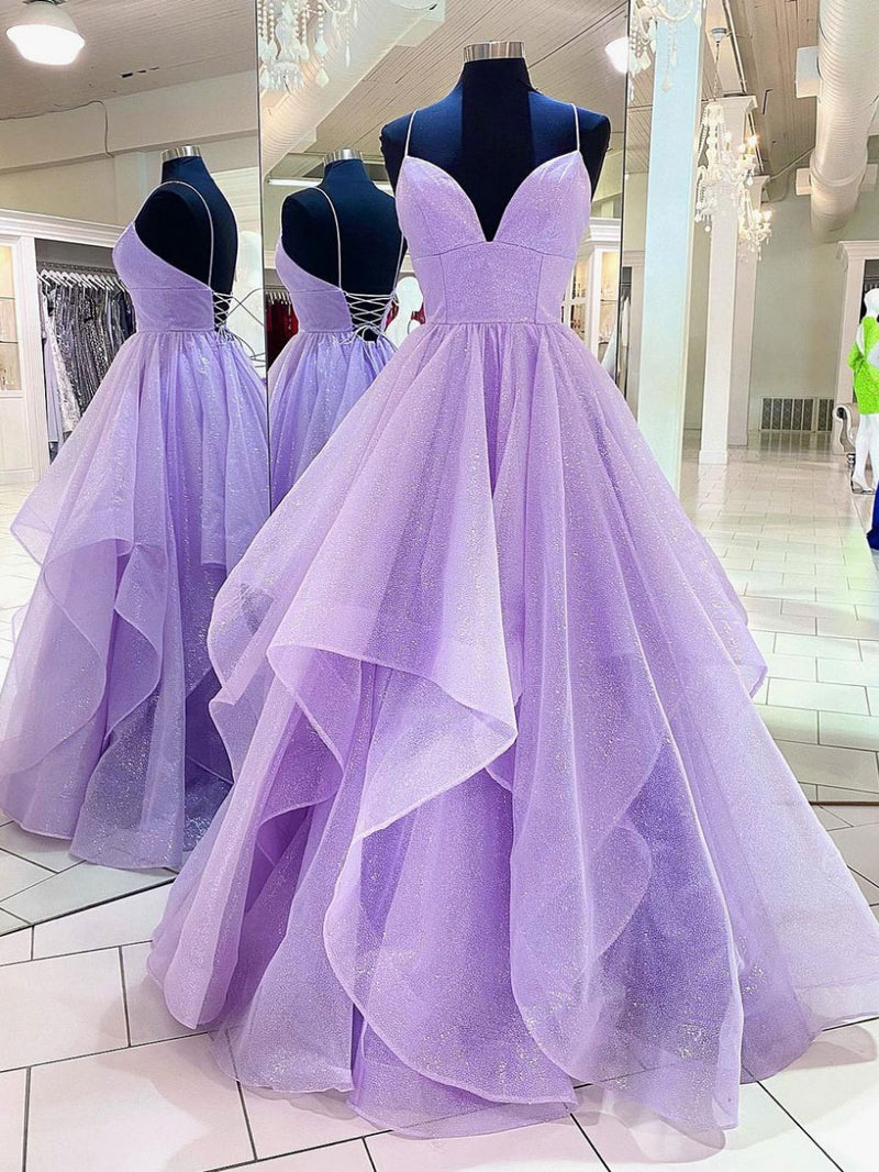 Purple v neck tulle sequin long prom dress, purple evening dress – toptby