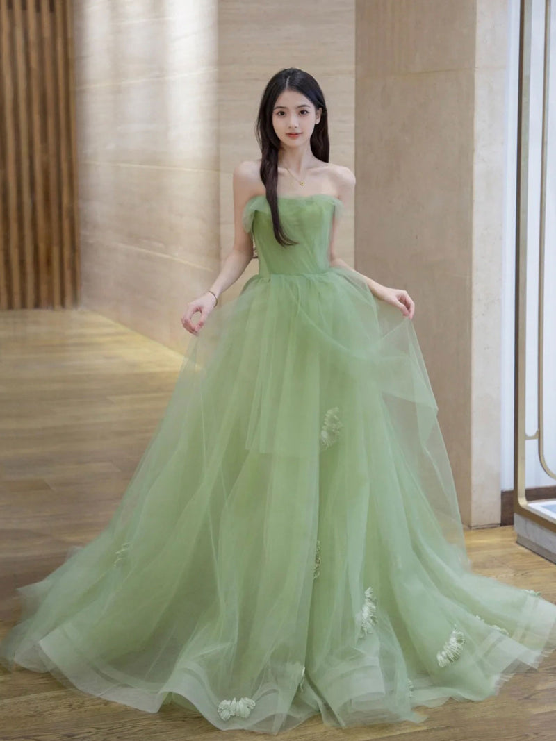 Green tulle lace long prom dress green tulle formal evening dress