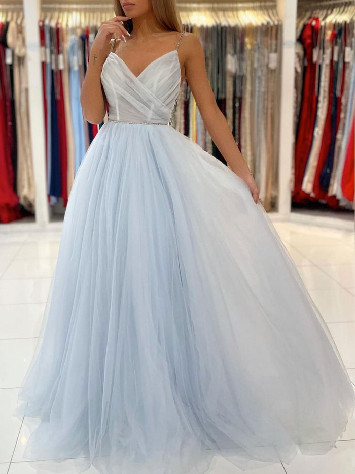 Light blue tulle long prom dress, blue beads long evening dress