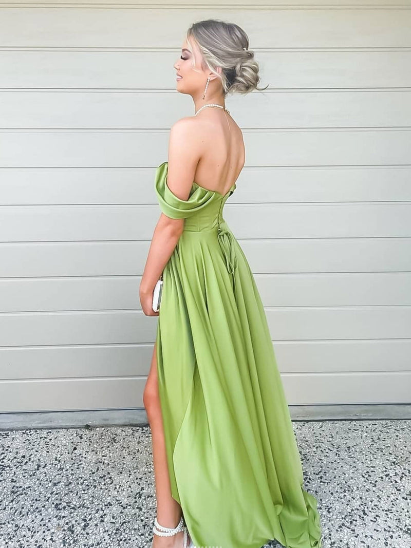 Simple green off shoulder satin long prom dress, green evening dress toptby Simple green off shoulder satin long prom dress, green evening dress toptby