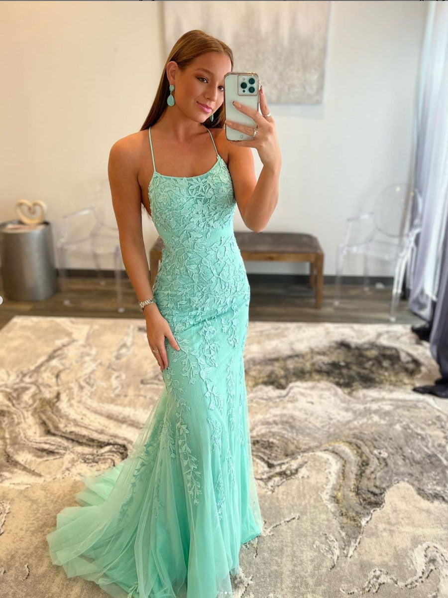 Green tulle lace mermaid long prom dress, green evening dress toptby Green tulle lace mermaid long prom dress, green evening dress toptby