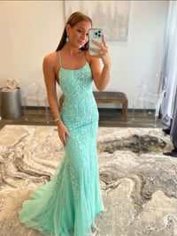 Green tulle lace mermaid long prom dress, green evening dress