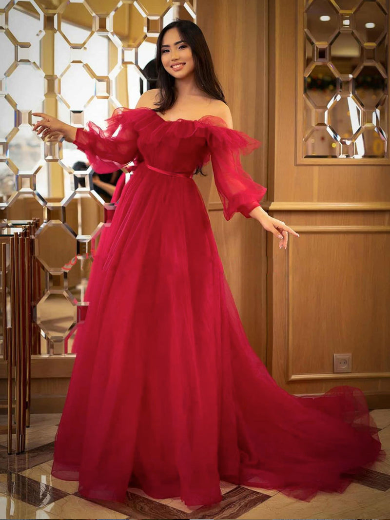 Red Simple tulle long prom dress red tulle formal dress